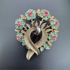 1940s Vintage Coro Crystal Turquoise and Pink Floral Bouquet Brooch - Rare